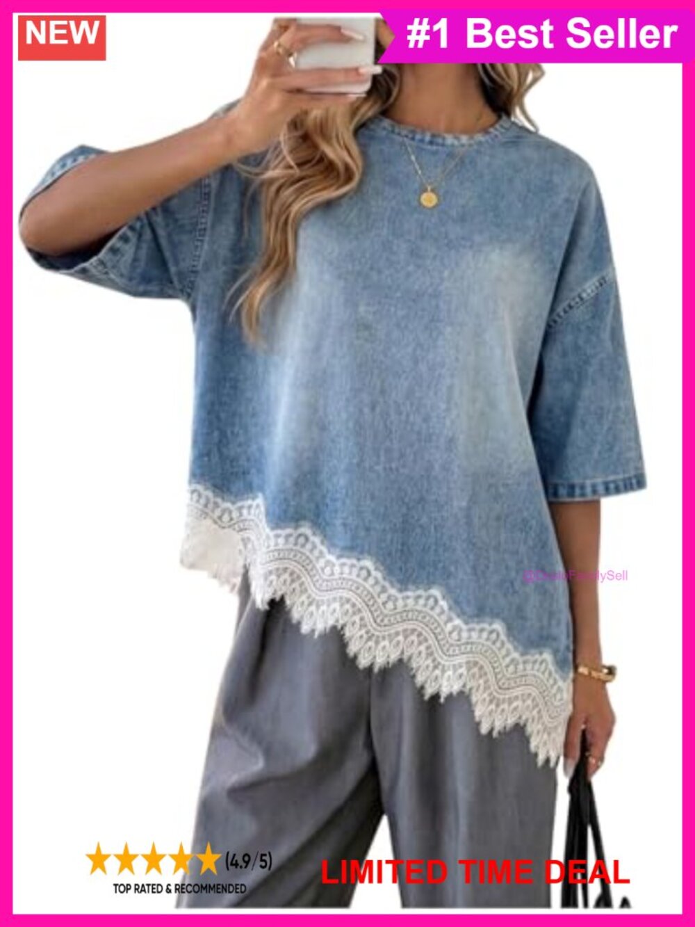 Lace Trim Asymmetrical Hem Short Sleeve Patchwork Tee Shirt